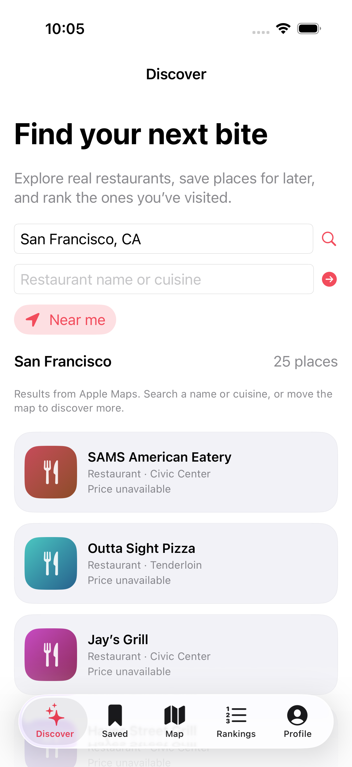 Bite Discover showing real San Francisco restaurants