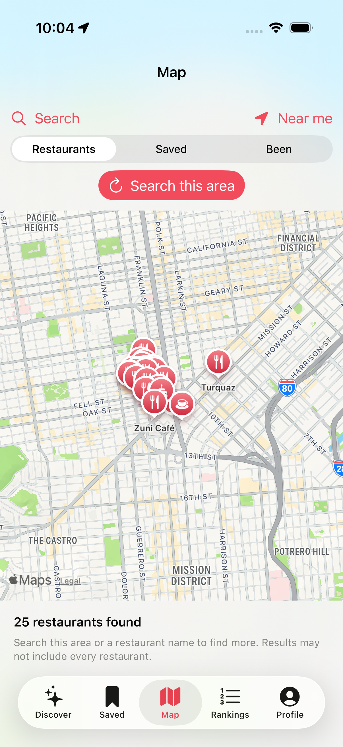 Bite map showing nearby San Francisco restaurant pins